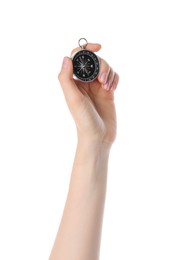 Photo of Woman holding compass on white background, closeup. Tourist equipment