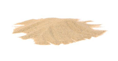 Photo of Beautiful dry beach sand isolated on white