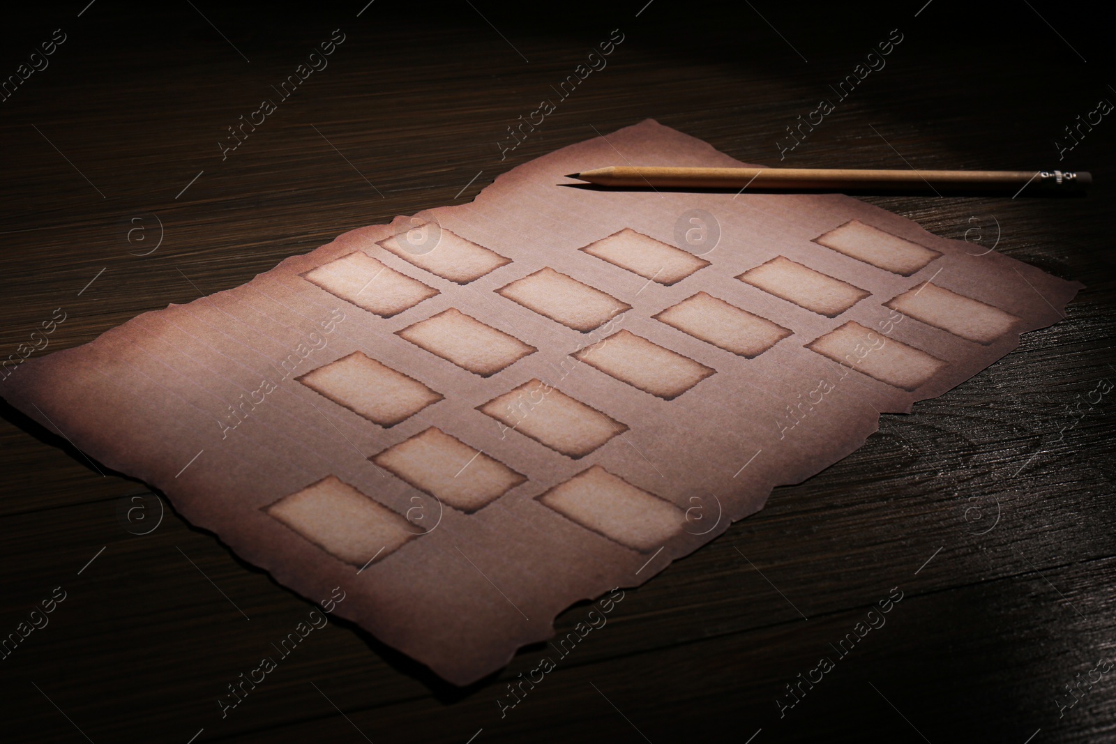 Photo of Blank family tree and pencil on wooden table