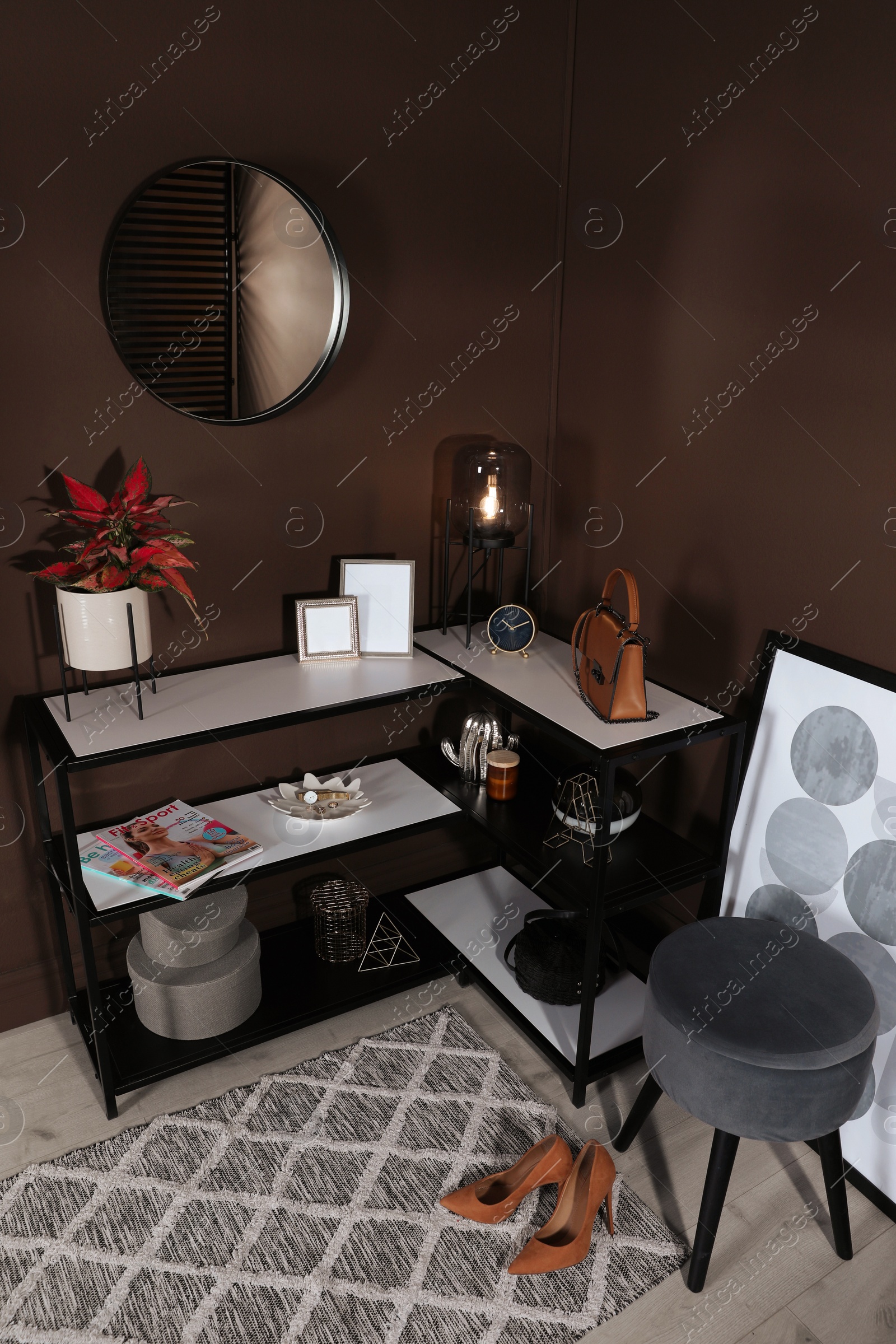 Photo of Hallway interior with console table and stylish decor, above view