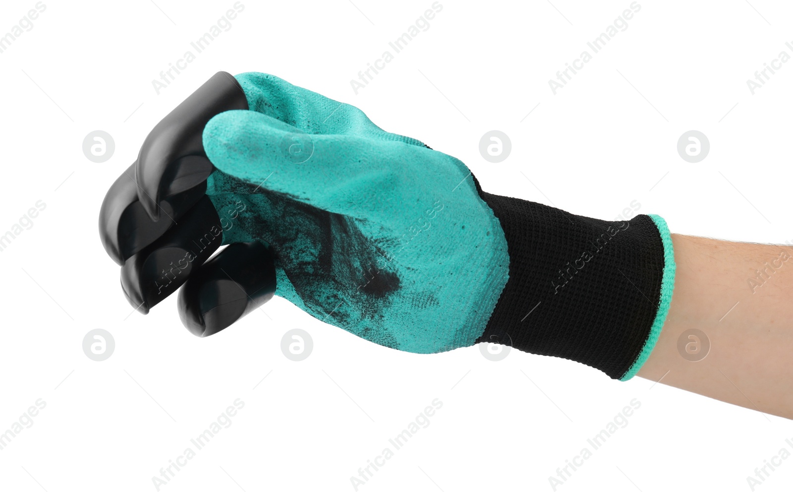 Photo of Woman in claw gardening glove on white background, closeup