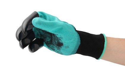 Woman in claw gardening glove on white background, closeup