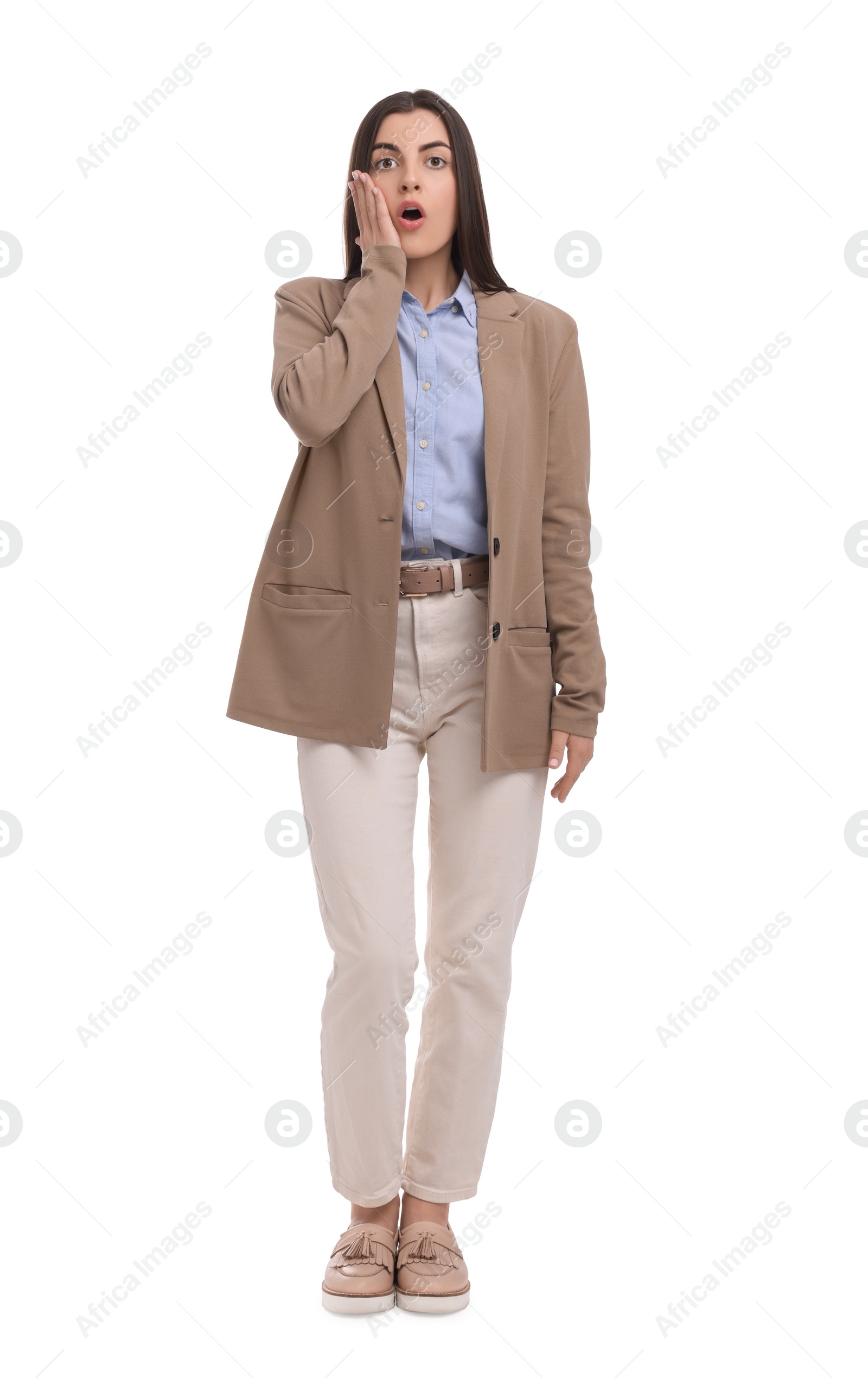 Photo of Beautiful emotional businesswoman in suit on white background