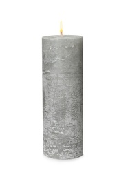 One alight wax candle on white background