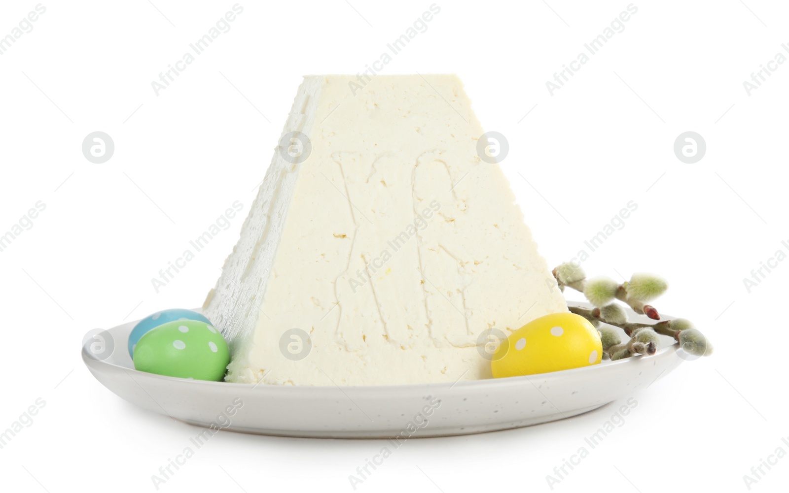 Photo of Traditional cottage cheese Easter paskha with eggs and pussy willow branches on white background