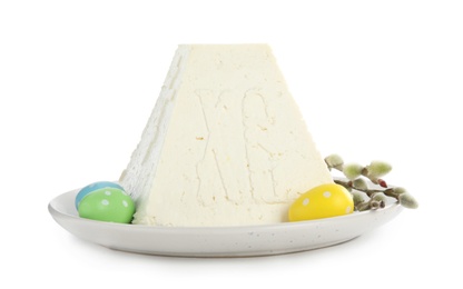 Photo of Traditional cottage cheese Easter paskha with eggs and pussy willow branches on white background