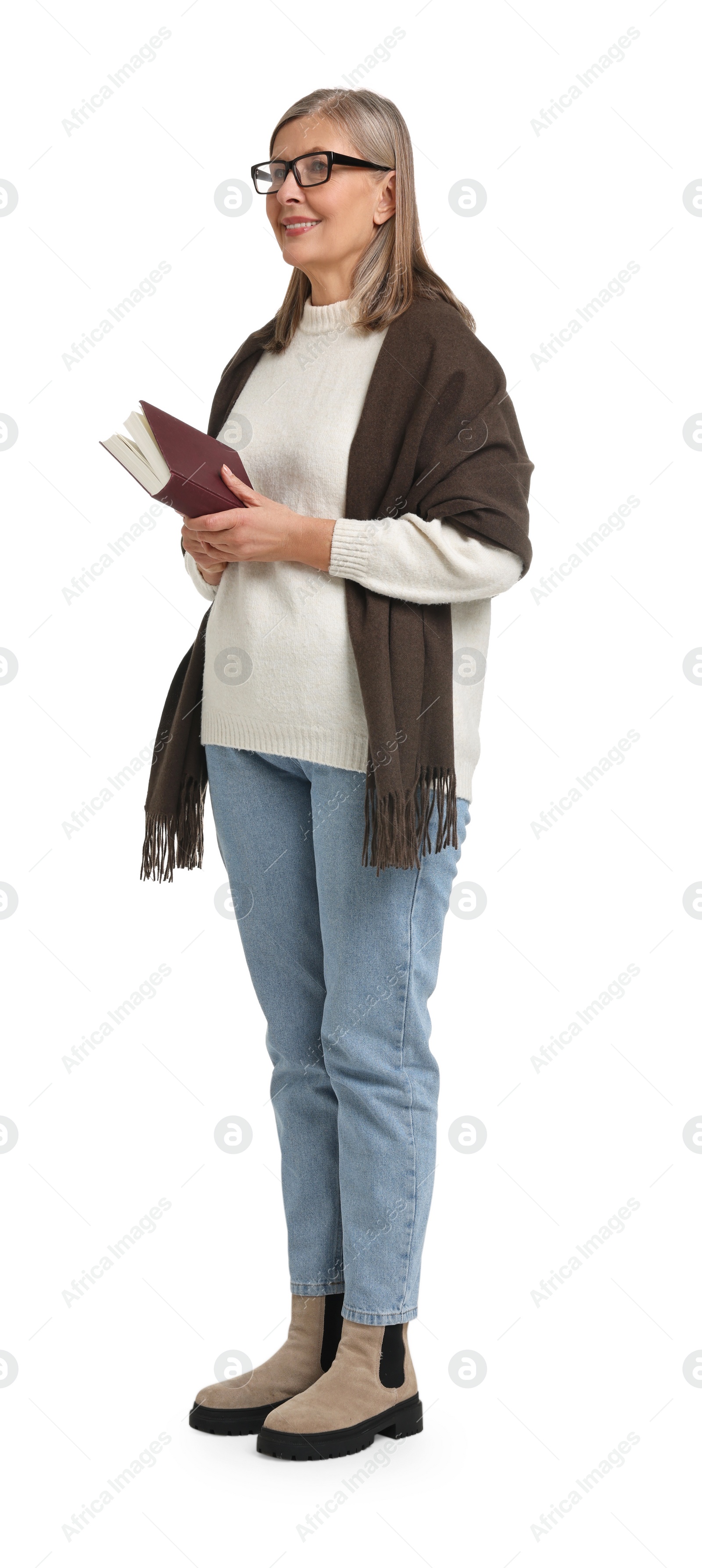 Photo of Senior woman with book on white background