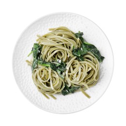 Tasty pasta with spinach and sauce isolated on white, top view