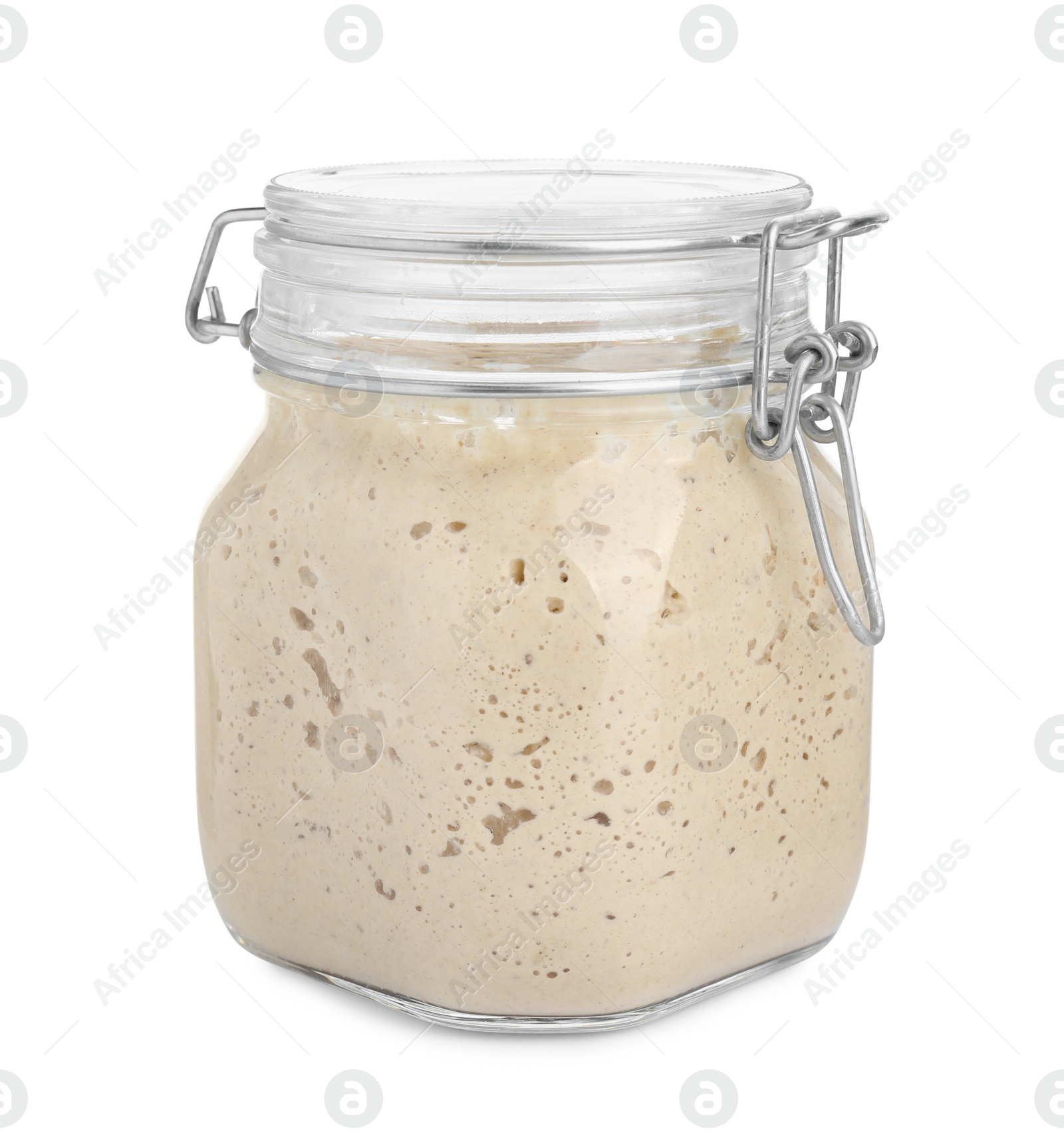 Photo of Fresh leaven in glass jar isolated on white