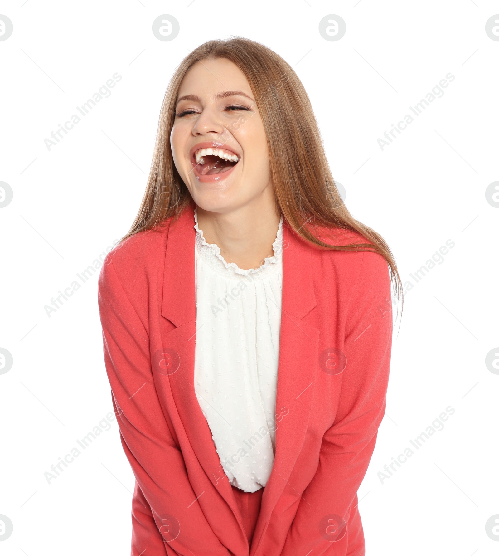 Photo of Portrait of young woman laughing on white background