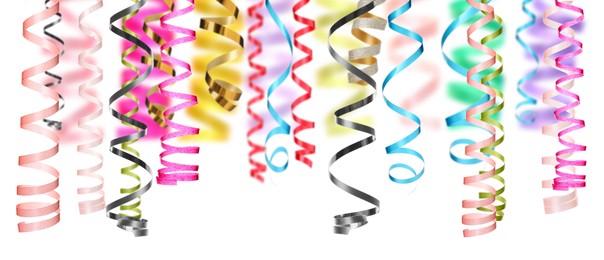 Image of Many serpentine streamers on white background, banner design. Party decor