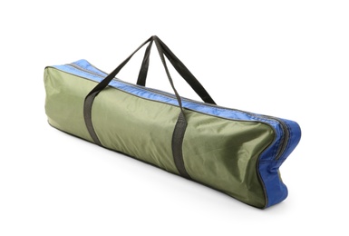 Photo of Case with tent on white background. Camping equipment