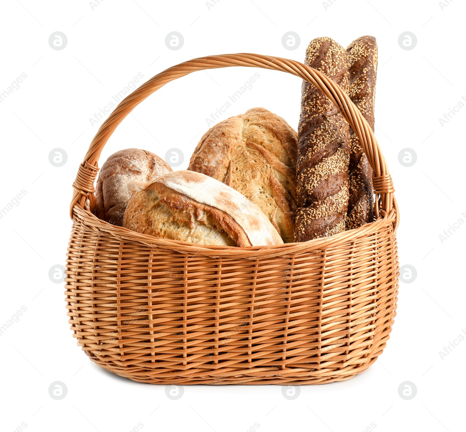 Photo of Wicker basket with different types of fresh bread isolated on white