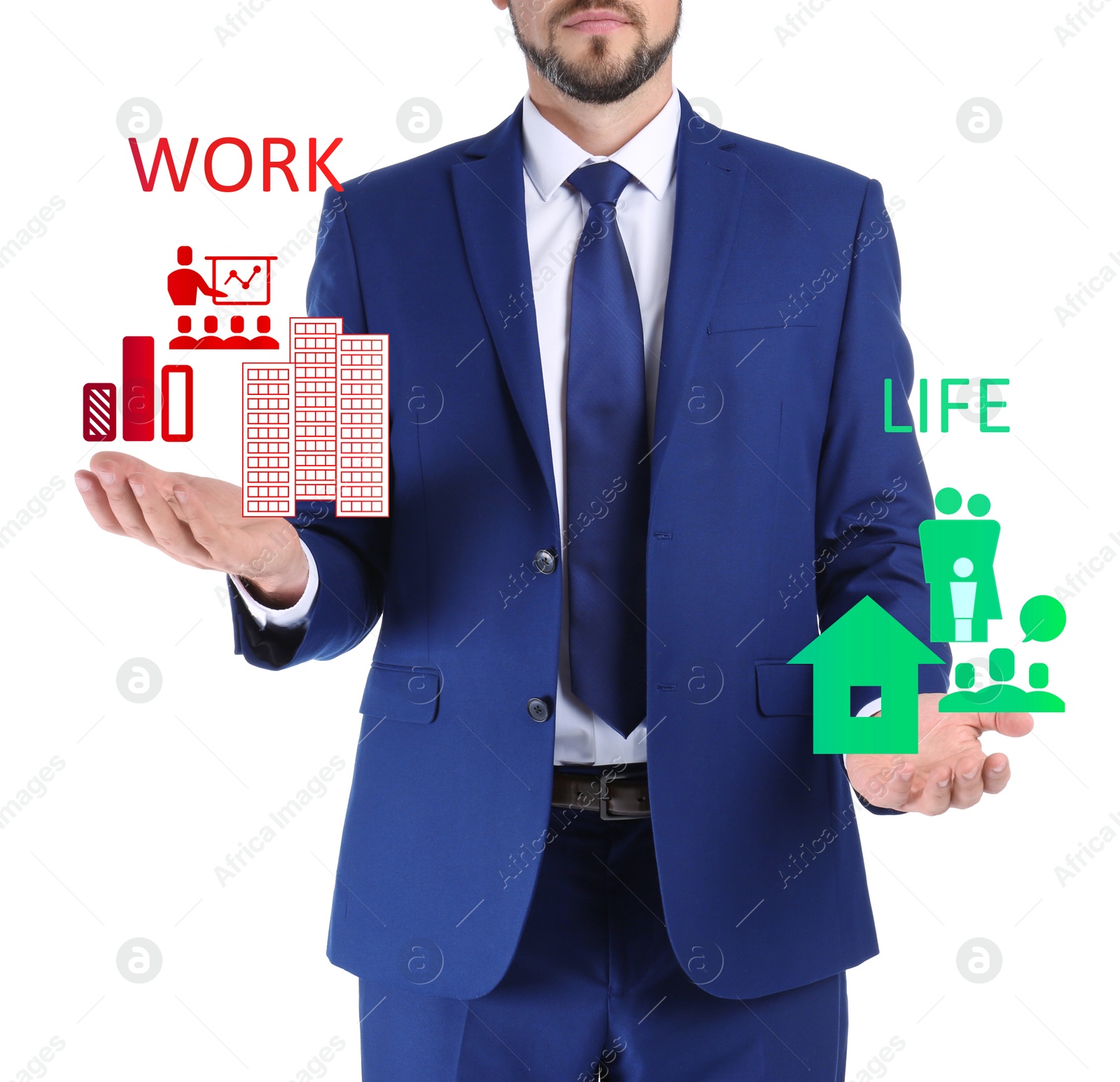 Image of Businessman showing balance between life and work on white background, closeup