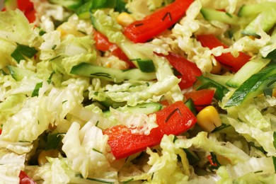 Photo of Delicious salad with Chinese cabbage, cucumber and bell pepper as background, closeup