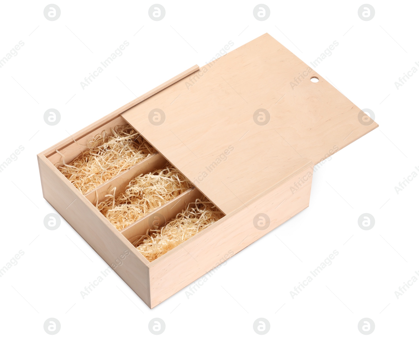 Photo of Open wooden wine box with straw isolated on white