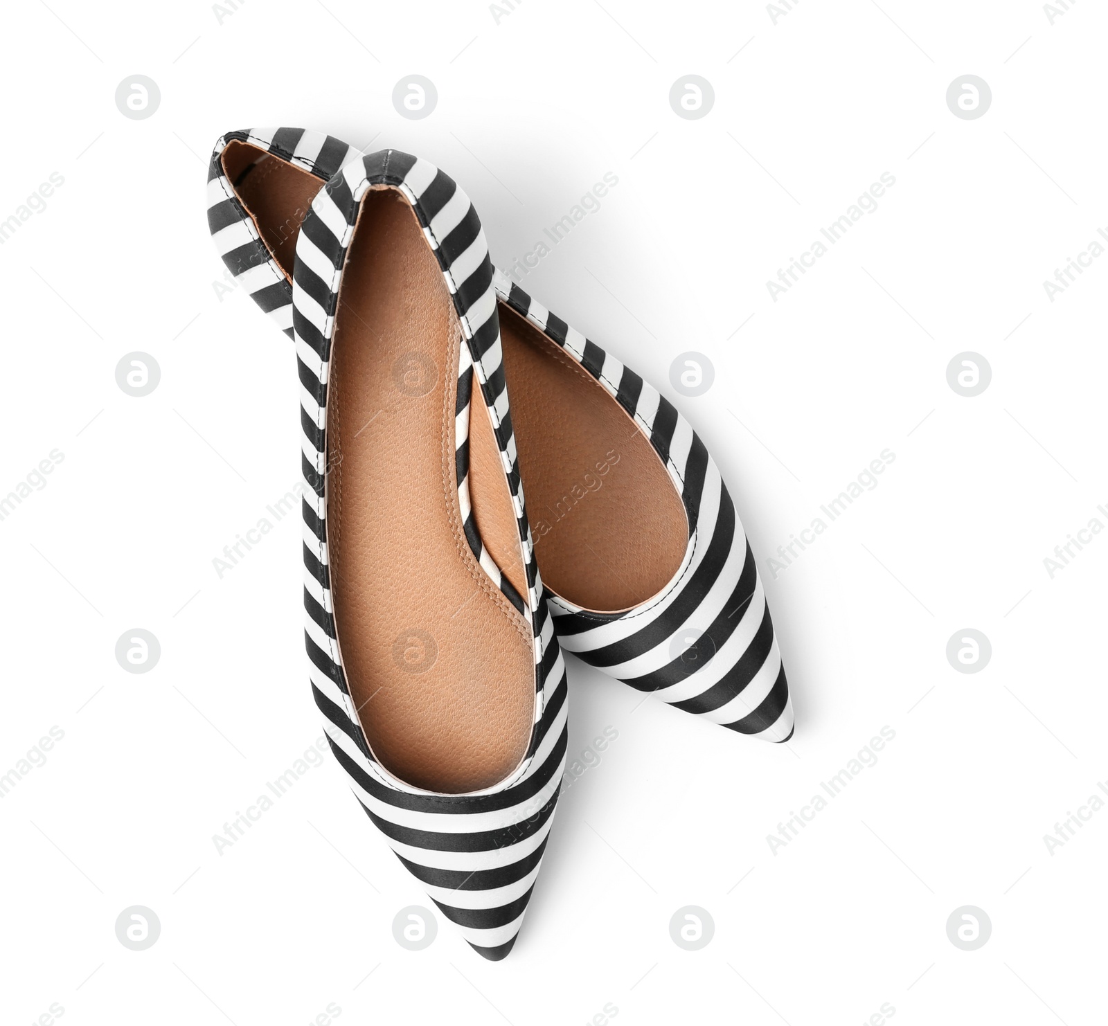 Photo of Pair of female shoes on white background, top view