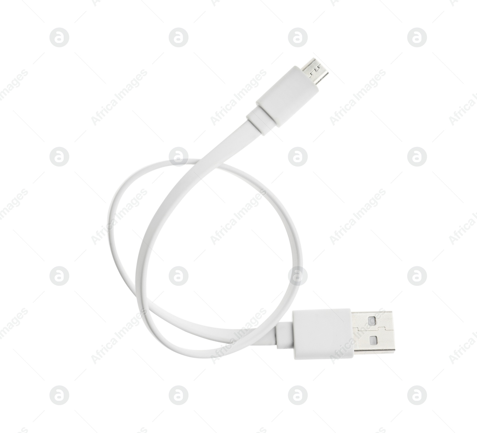 Photo of USB charge cable isolated on white, top view. Modern technology