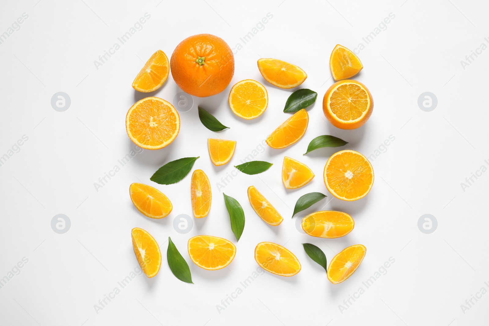 Photo of Composition with ripe oranges on white background, top view