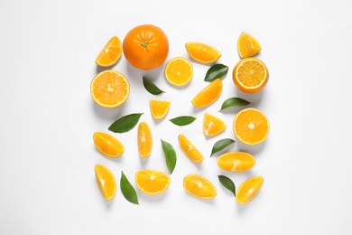 Photo of Composition with ripe oranges on white background, top view