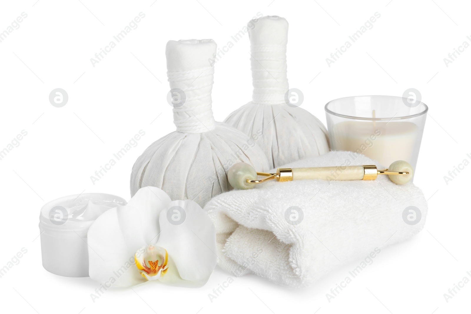 Photo of Beautiful spa composition with different body care products isolated on white