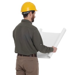 Photo of Architect in hard hat with draft on white background