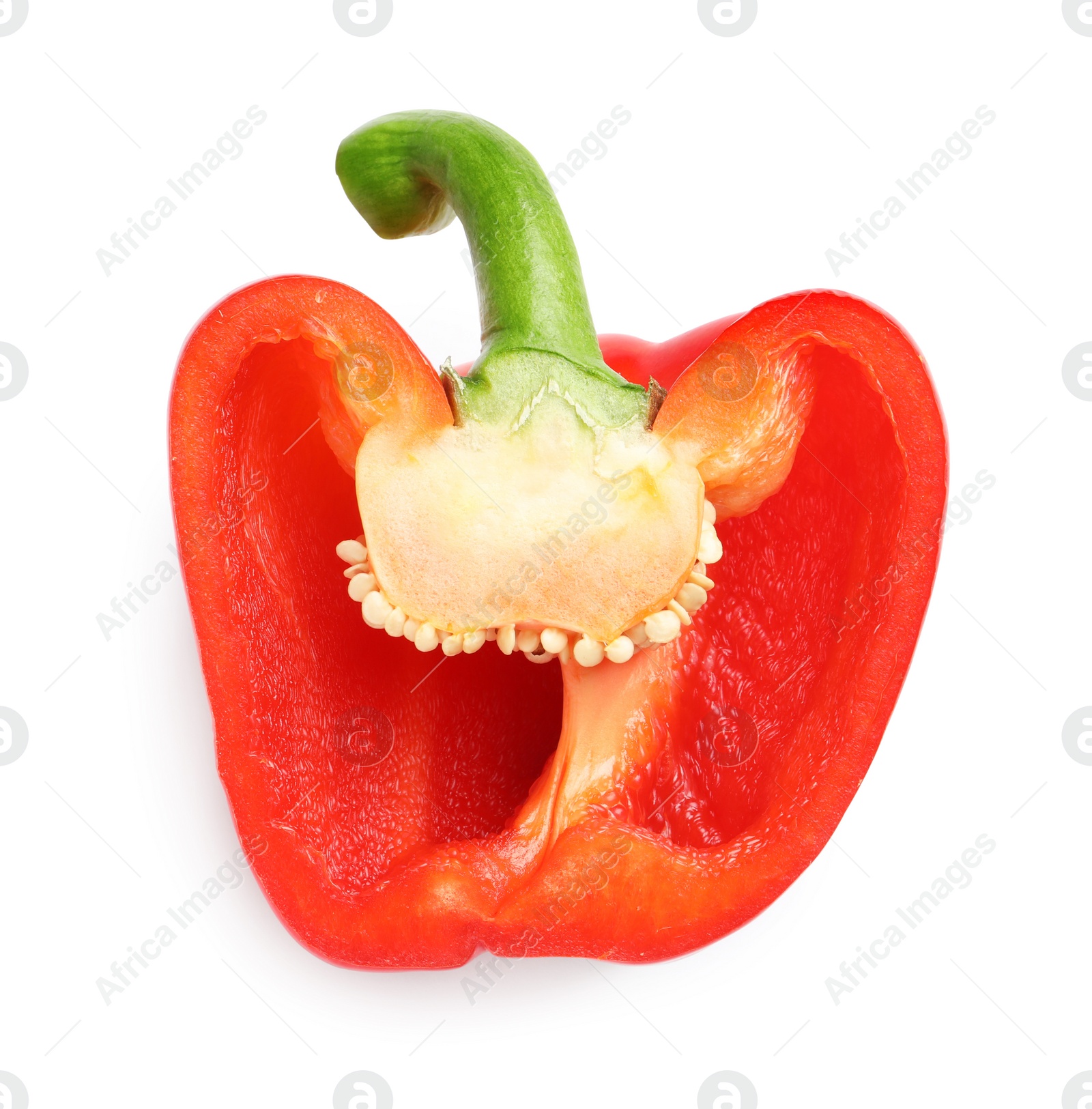 Photo of Half of ripe red bell pepper on white background, top view