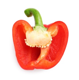 Half of ripe red bell pepper on white background, top view