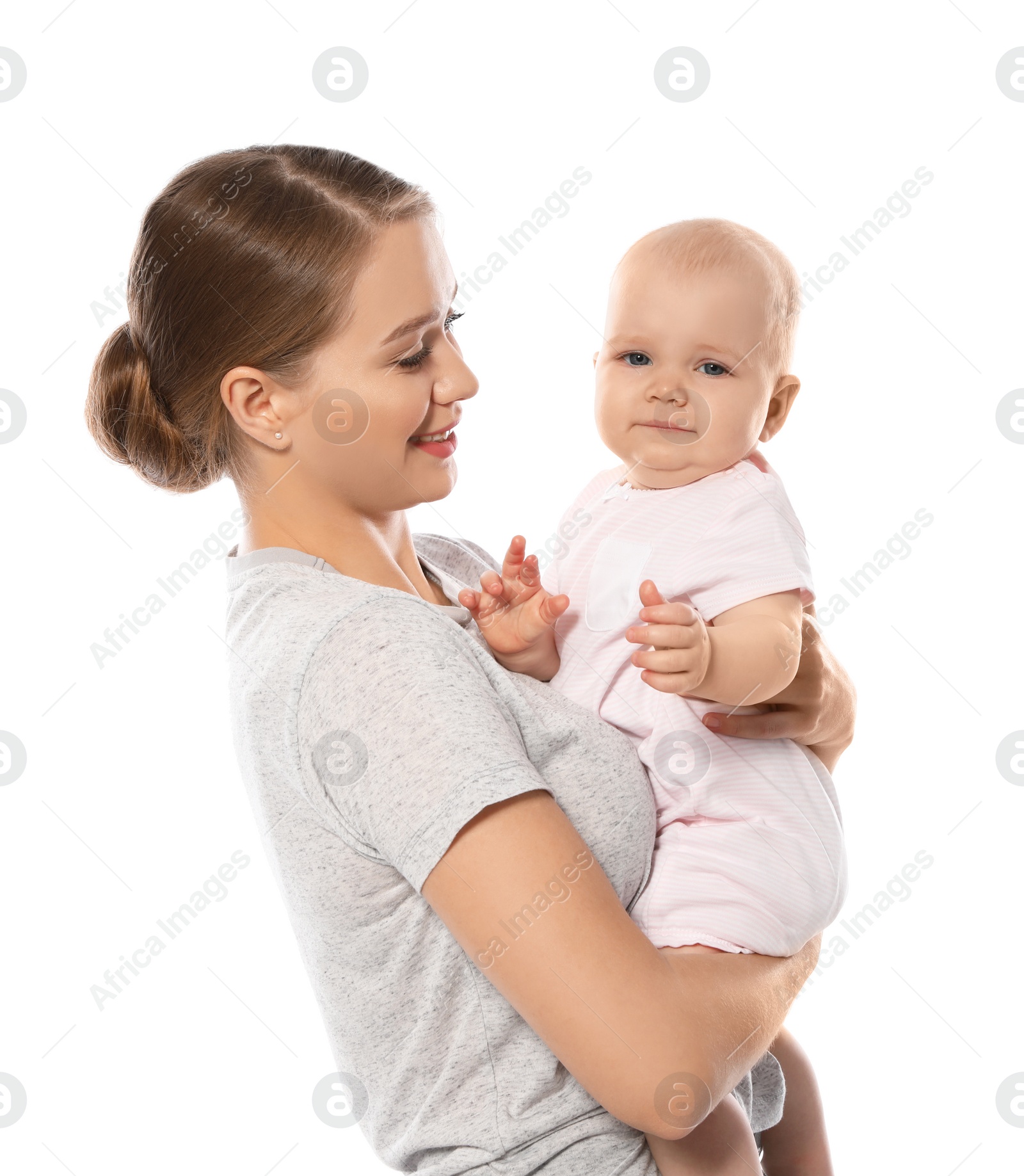 Photo of Portrait of happy mother with her baby isolated on white