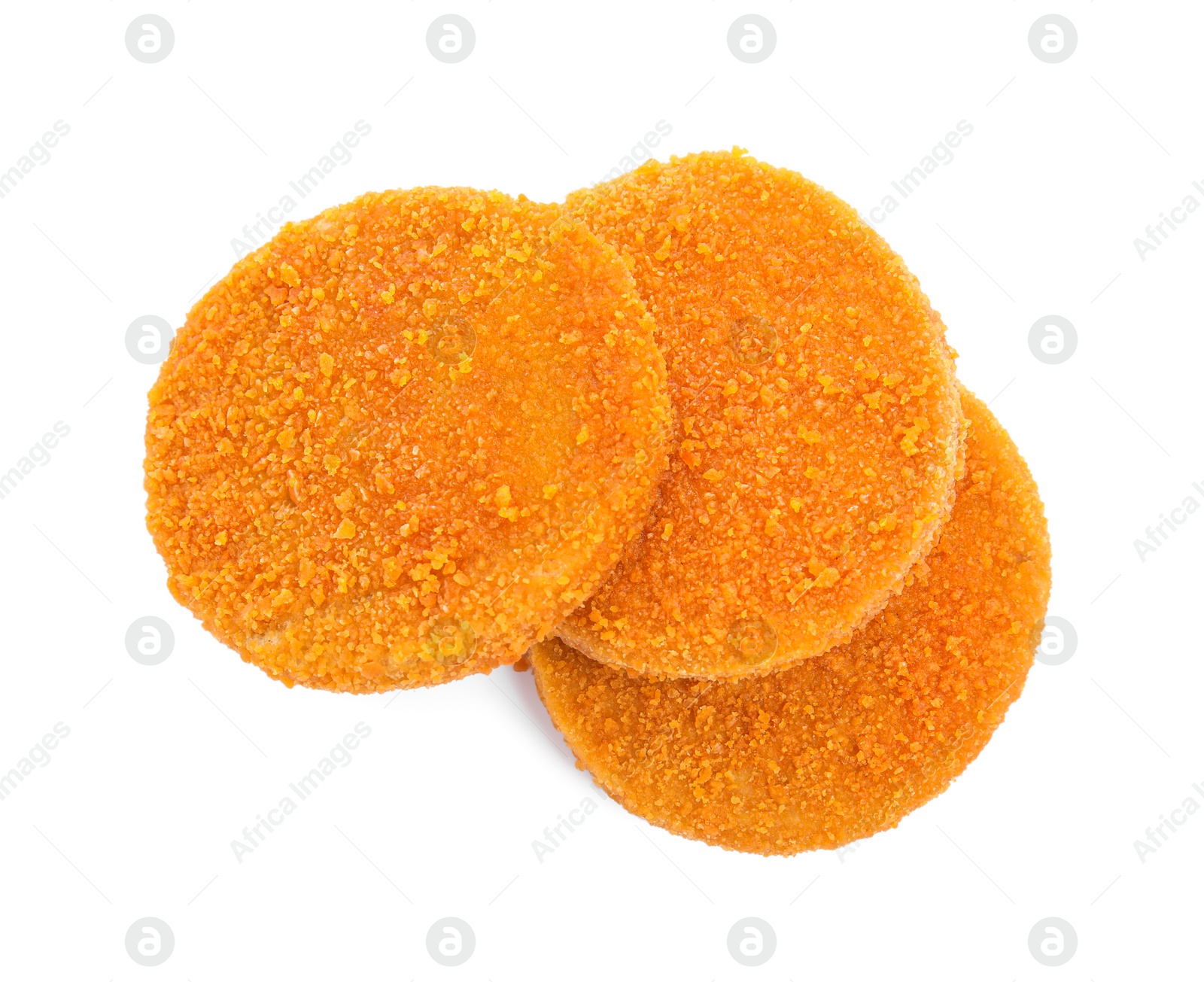 Photo of Delicious fried breaded cutlets on white background, top view