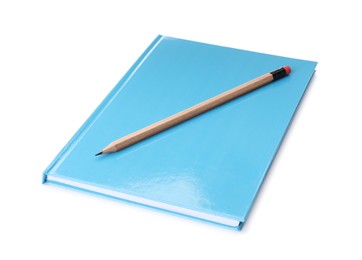 Photo of Light blue planner with pencil isolated on white