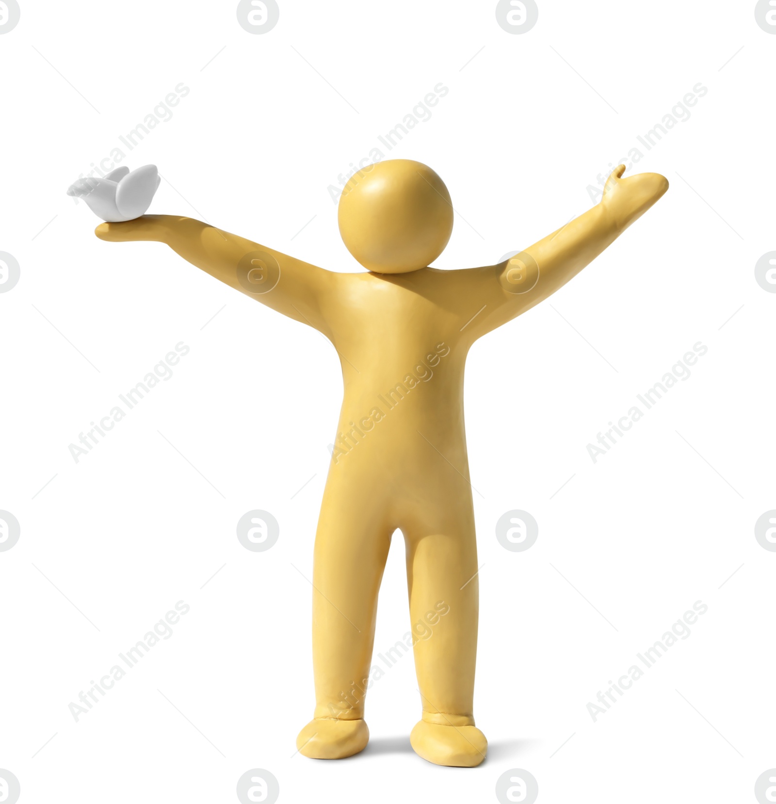 Photo of Human figure with small dove made of plasticine on white background