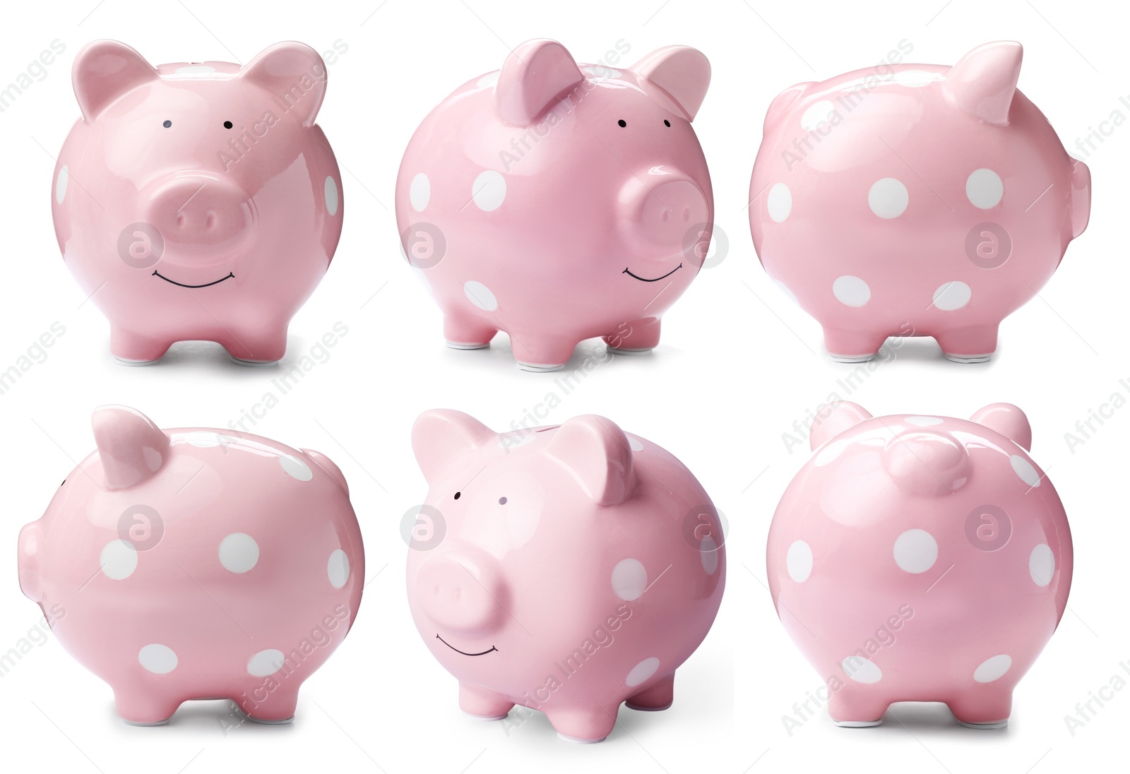 Set with pink piggy bank on white background Image of Set with pink piggy bank on white background