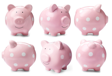 Image of Set with pink piggy bank on white background
