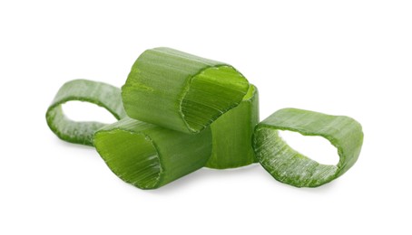 Photo of Chopped fresh green onions on white background