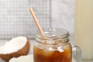 Mason jar of delicious iced coffee, closeup