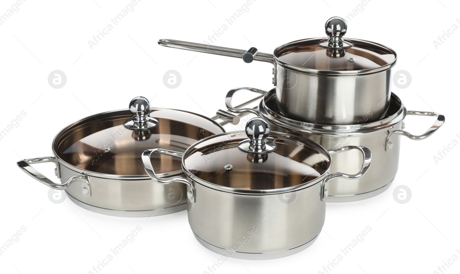 Photo of Set of stainless steel cookware on white background