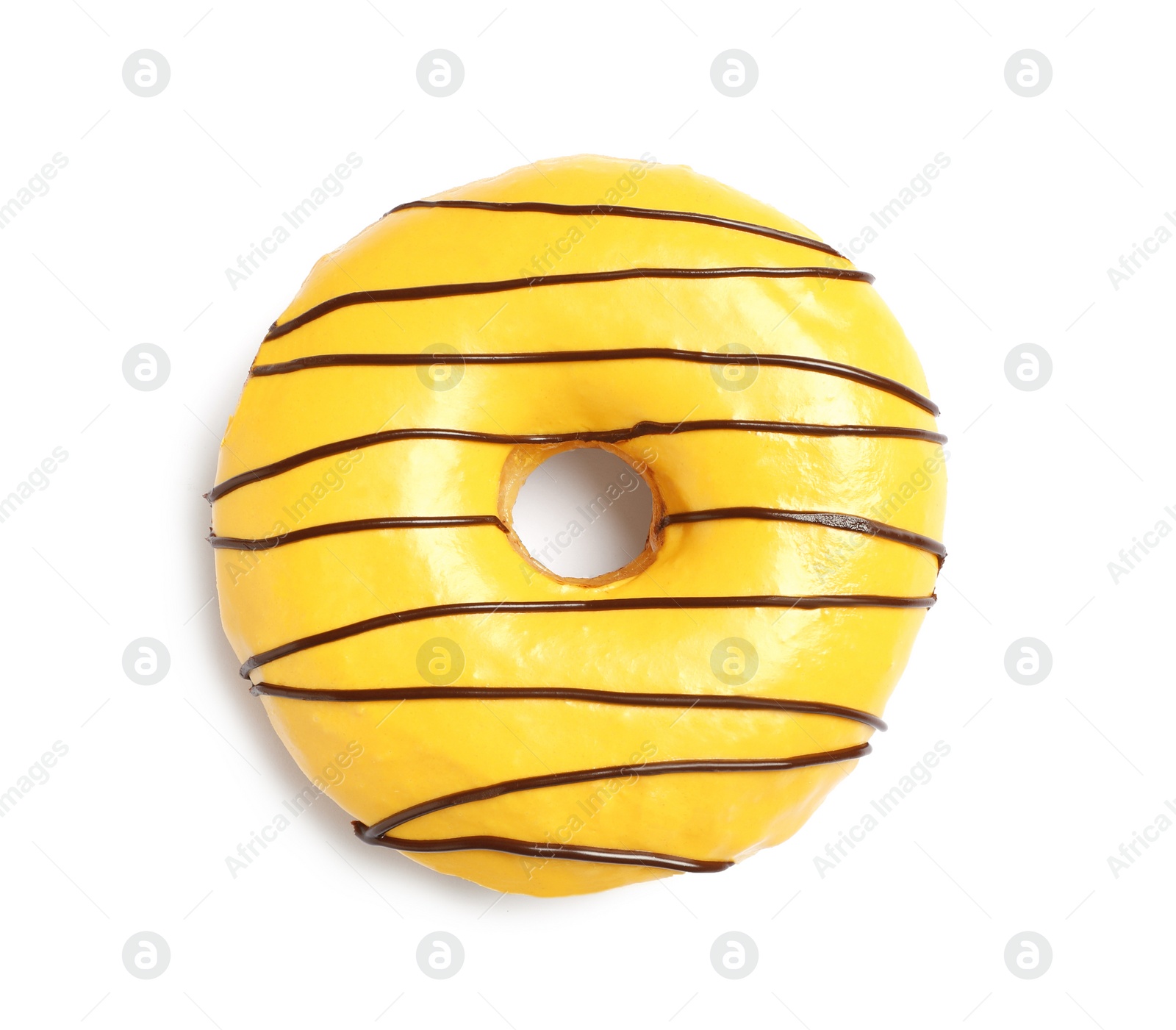 Photo of Sweet tasty glazed donut isolated on white, top view