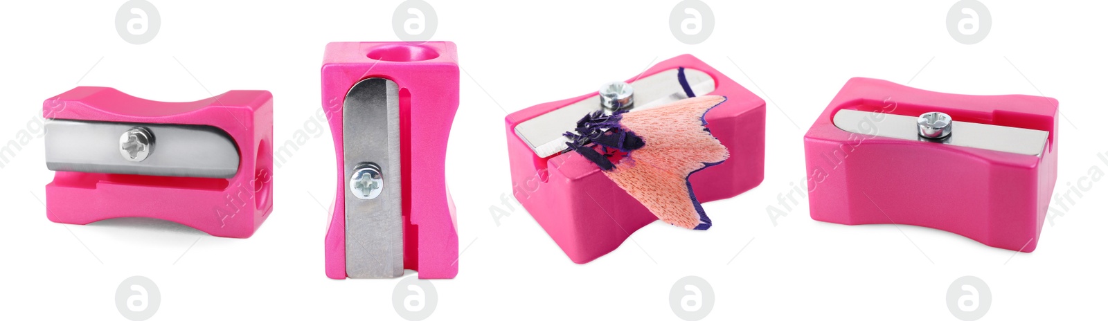 Image of Set with pink pencil sharpeners on white background. Banner design