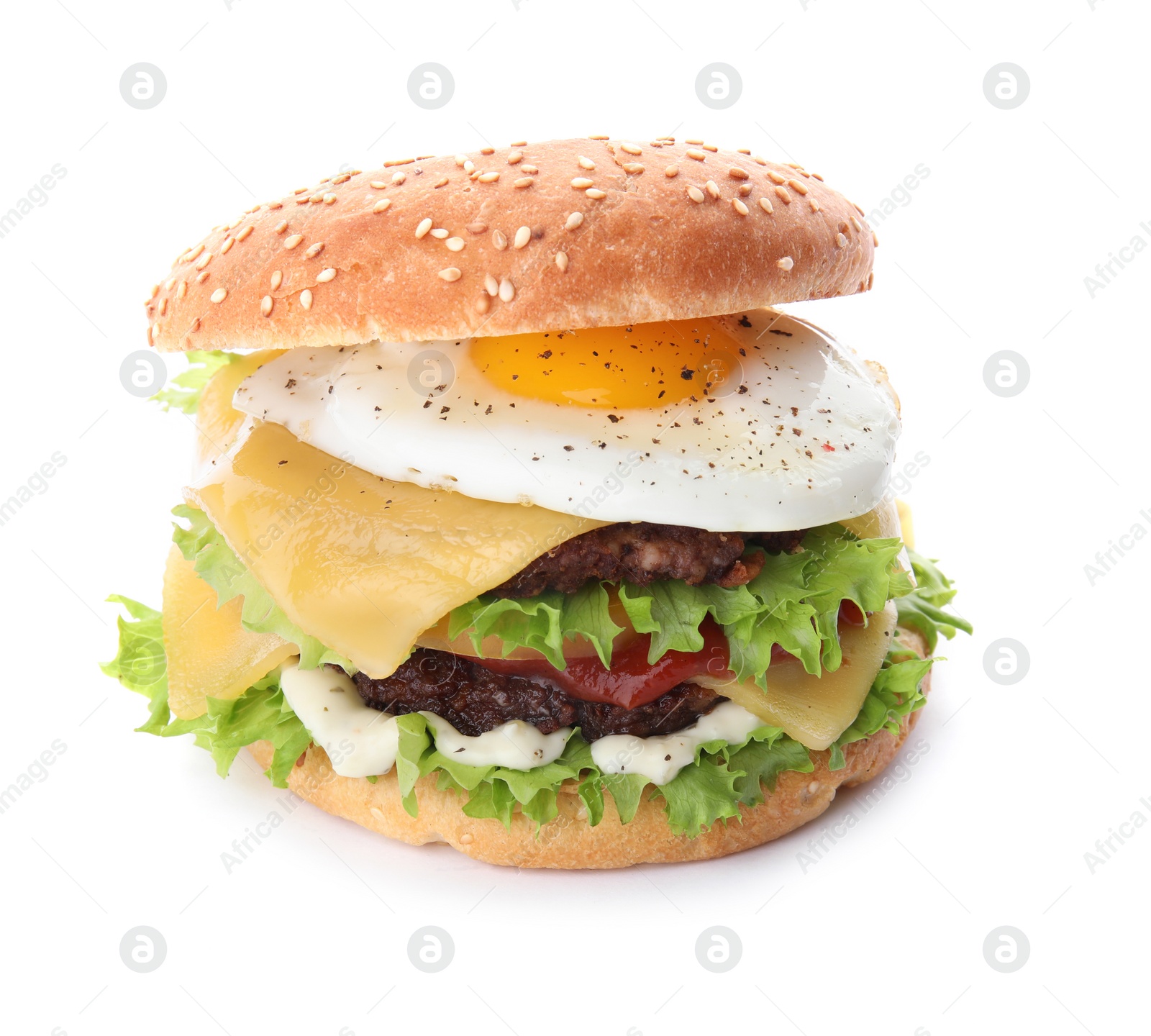 Photo of Tasty burger with fried egg on white background