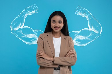 Image of Happy woman and illustration of muscular arms behind her on light blue background