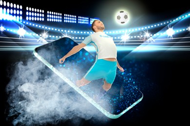 Image of Sports betting. Football player bursting out from smartphone under stadium lights