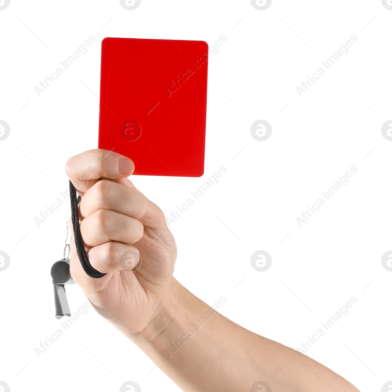 Photo of Referee holding red card and whistle on white background, closeup