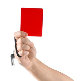 Referee holding red card and whistle on white background, closeup
