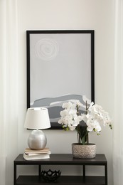 Blooming orchid and lamp on console table indoors. Interior design