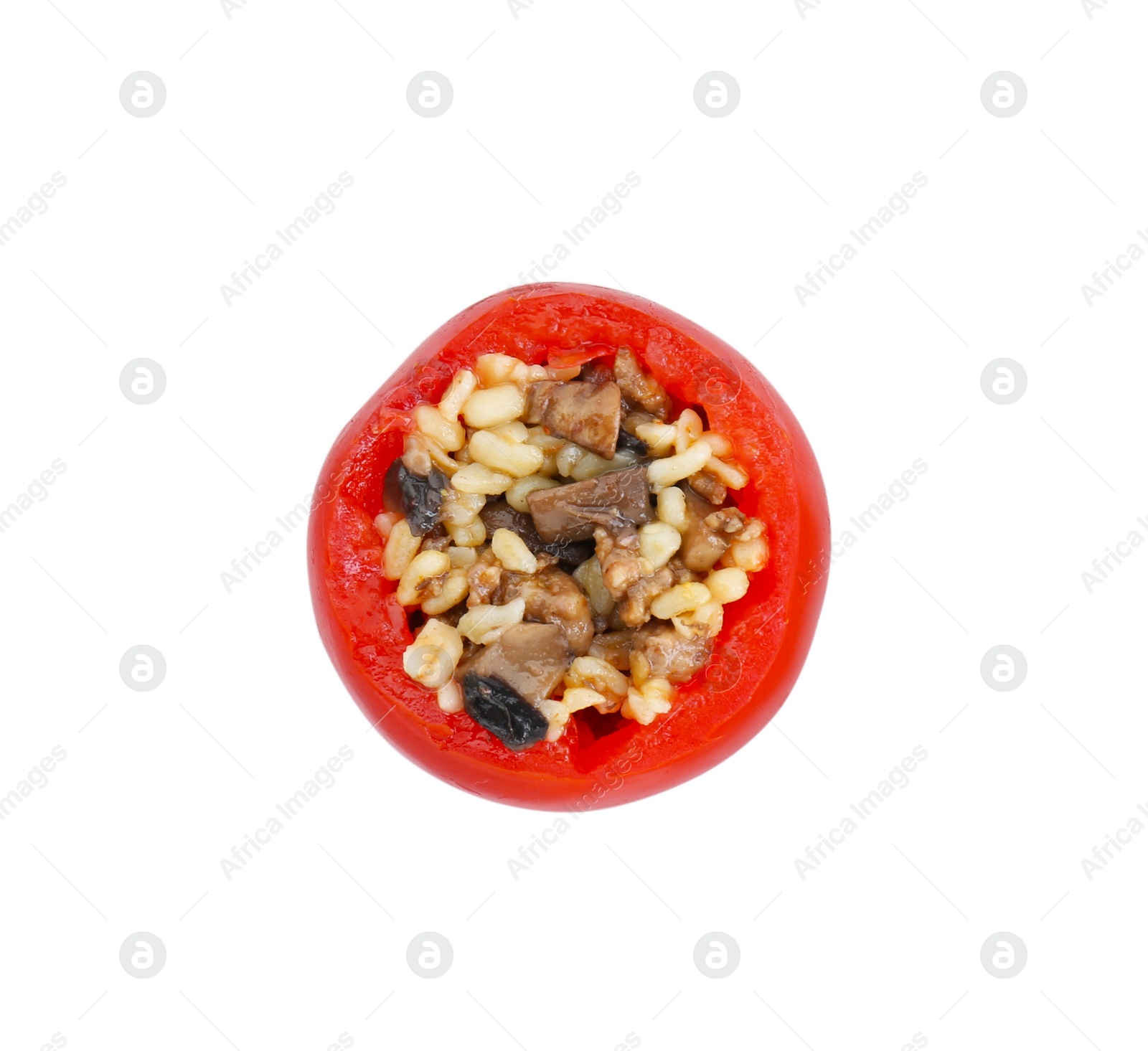 Photo of Delicious stuffed tomato with minced beef, bulgur and mushrooms isolated on white, top view