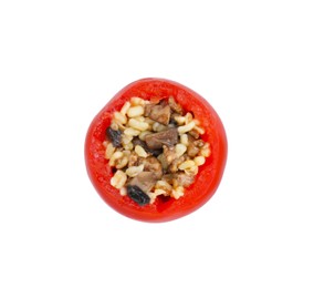 Photo of Delicious stuffed tomato with minced beef, bulgur and mushrooms isolated on white, top view
