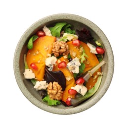 Bowl with delicious persimmon salad on white background, top view