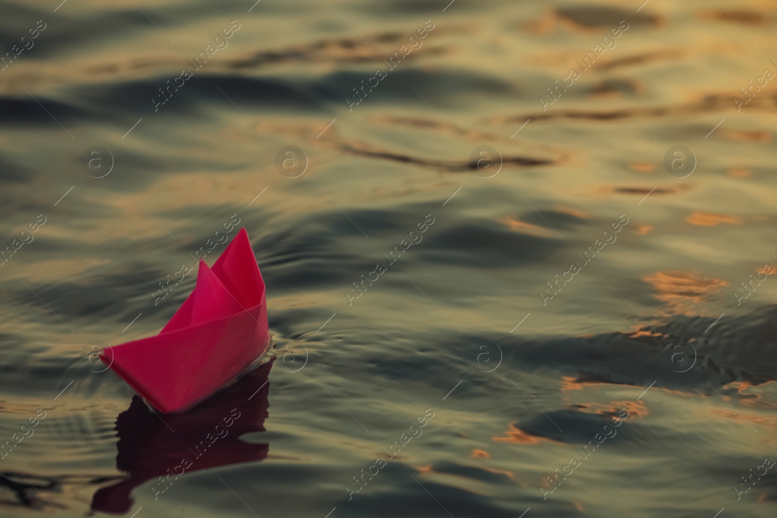 Photo of Paper boat floating on water outdoors. Space for text