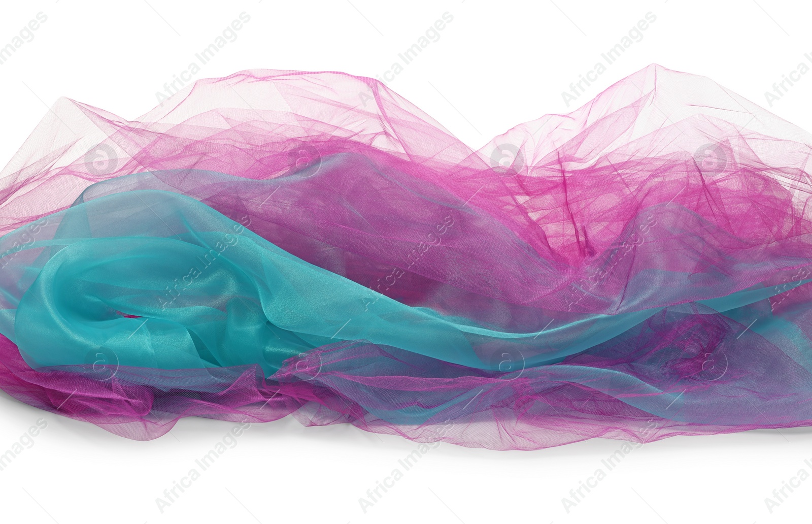 Photo of Beautiful colorful tulle fabrics on white background